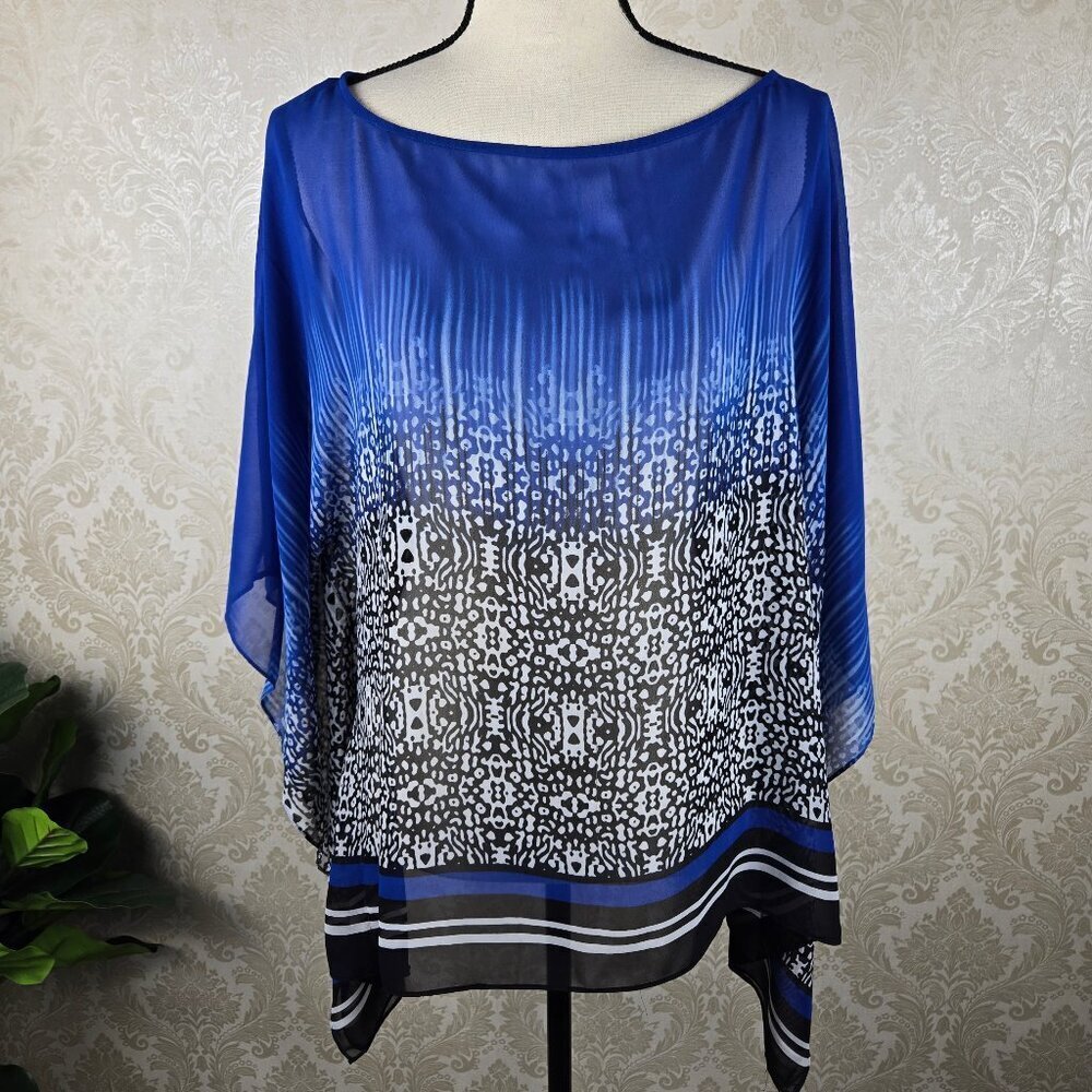 Chaus Size Medium Blue Black White Flowy Blouse Sheer Lightweight Stripes